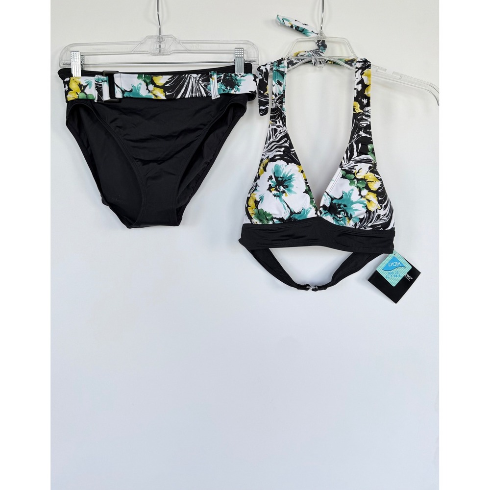 Newport News Swim Womens Floral Halter Bikini Set Belted High Waist Black 10 NEW